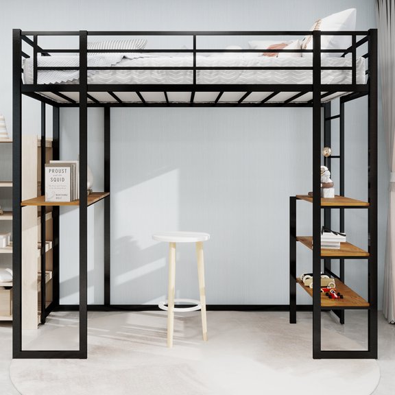 Newest Black Loft Twin Bed with L Shaped Desk,Dual Stair Access, 360° Railing, Study & Storage for Teens