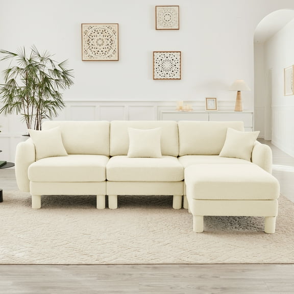 Newest Boucle Fabric Convertible L Shape Sectional 3-seater Sofa Couch,Distinctive Shell-shaped Armrests,Removable Ottoman,Cylindrical Legs Wrapped,Self-fabric,Beige Color