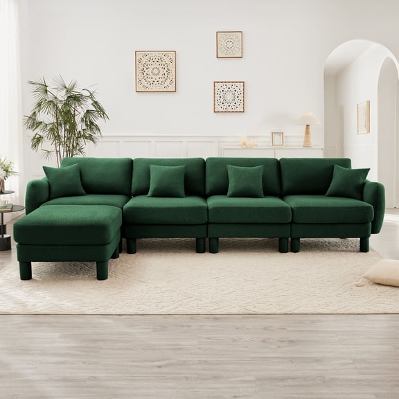 Newest Boucle Fabric Convertible L Shape Sectional 4-seater Sofa Couch,Distinctive Shell-shaped Armrests,Removable Ottoman,Cylindrical Legs Wrapped,Self-fabric,Green Color