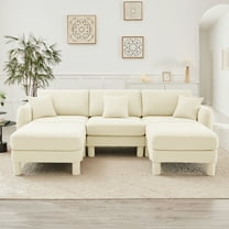 Newest Boucle Fabric U Shape Sectional 3-seater Sofa Couch,Distinctive Shell-shaped Armrests,2 Movable Ottomans,Cylindrical Legs Wrapped,Self-fabric,Beige Color