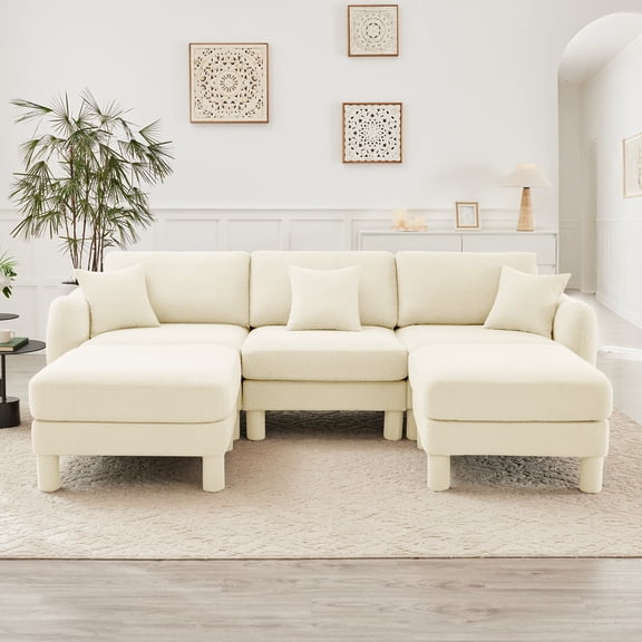Newest Boucle Fabric U Shape Sectional 3-seater Sofa Couch,Distinctive Shell-shaped Armrests,2 Movable Ottomans,Cylindrical Legs Wrapped,Self-fabric,Beige Color