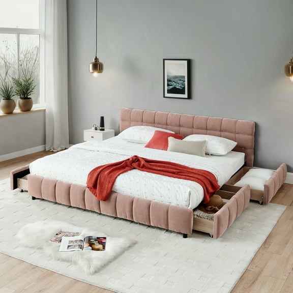 Newest California King Platform Bed with Storage Drawers & Chenille Upholstery, Low Profile Floor Bed for Spacious Bedrooms, Thick Padded Headboard, No Box Spring, Pink
