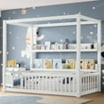 thumbnail image 1 of Newest Canopy Montessori Kids Floor Bed Twin Size with Guardrails and Shelves, Solid Wood Whimsical Design, White, 1 of 10