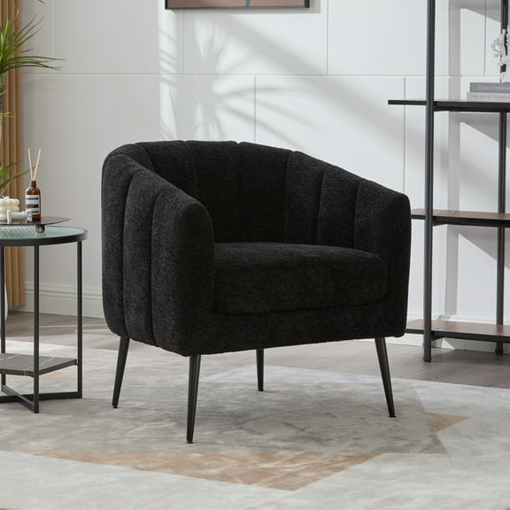 Newest Chenille Accent Chair, Channel Tufted Barrel Chair with Pocket Spring Seat & Metal Legs, Vanity Lounge Chair,Black