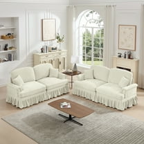 Newest Classic 2 Piece Modular Couch Living Room Sofa Set,Flared Arms,Removable Ruffles Pleats Skirts,Spindle Legs, 2 Seater Sofa   2-Seat Loveseat Sofa Sets for Living Room, Beige White