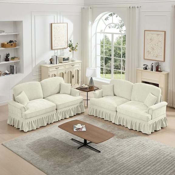 Newest Classic 2 Piece Modular Couch Living Room Sofa Set,Flared Arms,Removable Ruffles Pleats Skirts,Spindle Legs, 2 Seater Sofa + 2-Seat Loveseat Sofa Sets for Living Room, Beige White