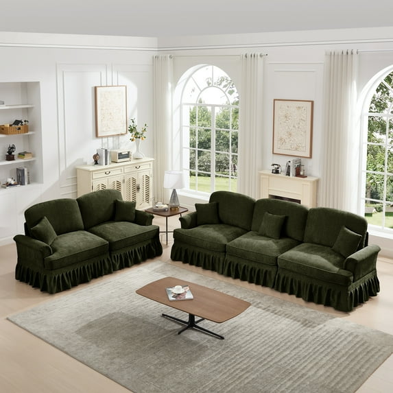 Newest Classic 2 Piece Modular Couch Living Room Sofa Set,Flared Arms,Removable Ruffles Pleats Skirts,Spindle Legs, 3 Seater Sofa + 2-Seat Loveseat Sofa Sets for Living Room,Green