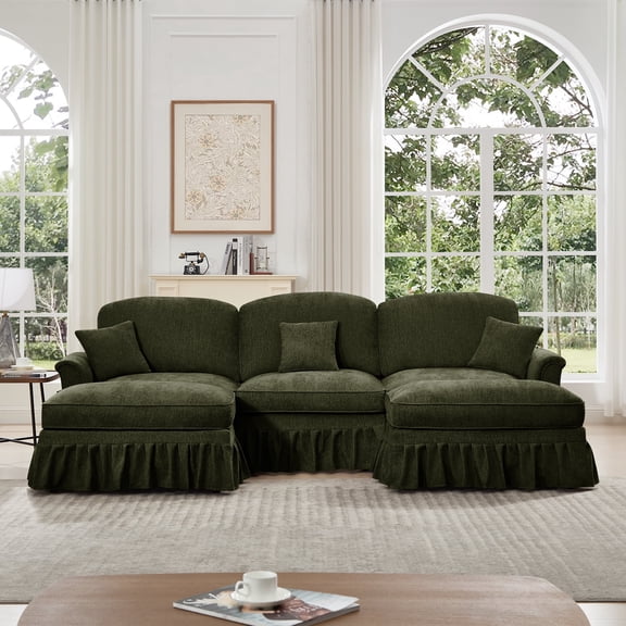 Newest Classic Comfy U-Shape Chenille Sectional Sofa, Flared Arms, Removable Ruffles Skirts, Spindle Legs, Movable Ottomans, Green