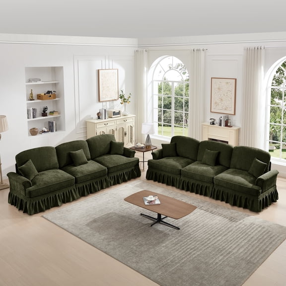 Newest Classic Sleeper Sofa Couch,Flared Arms,Removable Ruffles Pleats Skirts,Spindle Legs, Comfy Modular Sectional Chenille Deep Seat Cloud Sofa Couch,3 Movable Ottomans,Green