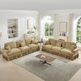 thumbnail image 1 of Newest Classic Sleeper Sofa Couch, Flared Arms, Removable Ruffles Pleats Skirts, Spindle Legs,Comfy Modular Sectional Chenille Deep Seat Sofa Couch, 3 Movable Ottomans,Light Coffee, 1 of 19