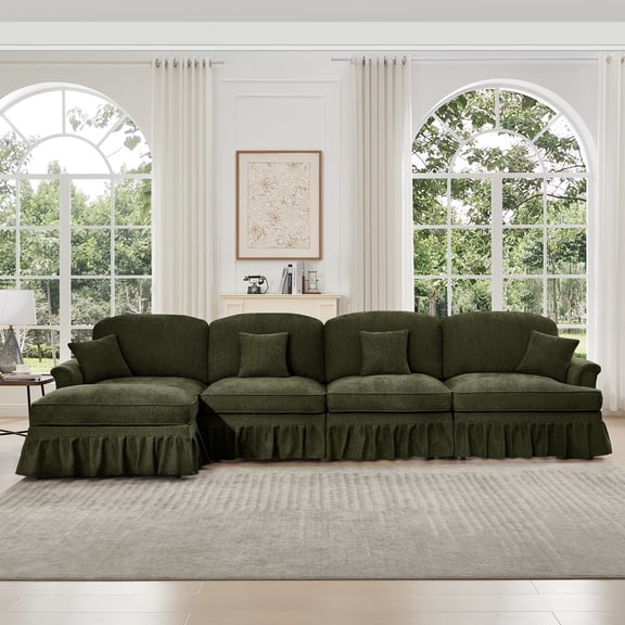 Newest Classic Three Seater Modular L Shaped Sectional Couch,Flared Arms,Removable Ruffles Pleats Skirts,Spindle Legs, Comfy Chenille Four-Seat Deep Seat Sofa,Movable Ottoman, Green