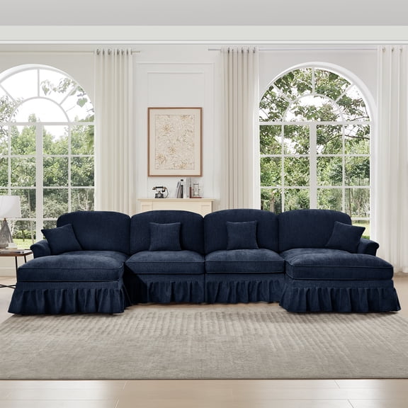 Newest Classic U Shape 4 Seater Modular Sectional Sofa Couch,Flared Arms,Removable Ruffles Pleats Skirts,Spindle Legs, Chenille Deep Seat Cloud Sofa,Movable Ottomans, Blue