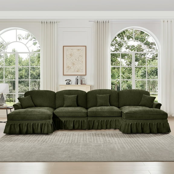 Newest Classic U Shape 4 Seater Modular Sectional Sofa Couch,Flared Arms,Removable Ruffles Pleats Skirts,Spindle Legs, Chenille Deep Seat Cloud Sofa,Movable Ottomans, Green