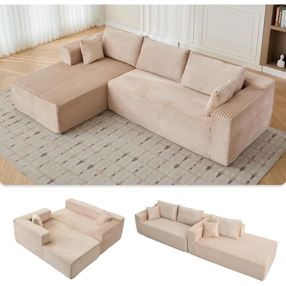 Newest Compression Sectional Couch with Comfy Chaise, Boneless L Shape Sofa with Deep Seat, Minimalist Modular Couches Sleeper for Living Room Bedroom Apartment Lounge,corduroy,Beige