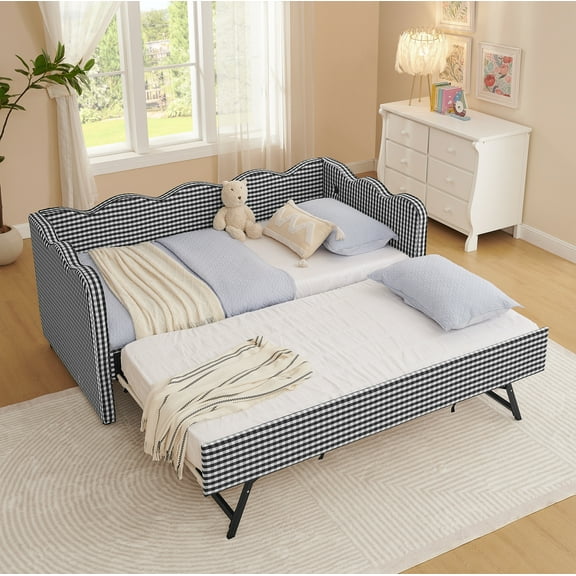 Newest Cozy Gingham Daybed with Trundle Twin Size Sofa Bed No Box Spring Needed, with USB Port and Adorable Wave Shaped, Linen Fabric, Black