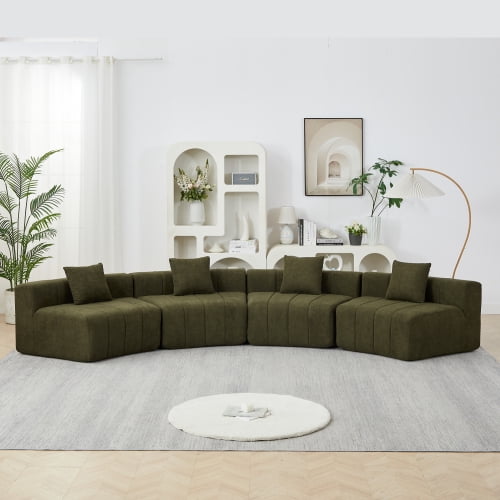 Newest Curved Chenille Sectional for Sunroom & Conversation Pit, Semi-Circular Modular Sofa with 4 Pillows,Green