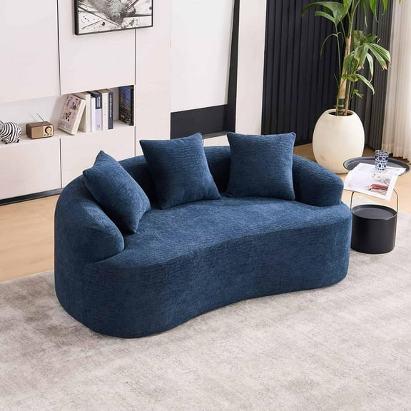 Newest Curved Loveseat Blue Full Compression Sponge Sofa, 30d Chenille No-Assembly Compact Sofa For Small Spaces & Apartments, 65"L, 300 Lbs, 3 Pillows