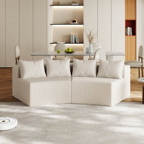 Newest Curved Modular Corduroy Sectional Sofa with 4 Pillows and No Assembly, Beige