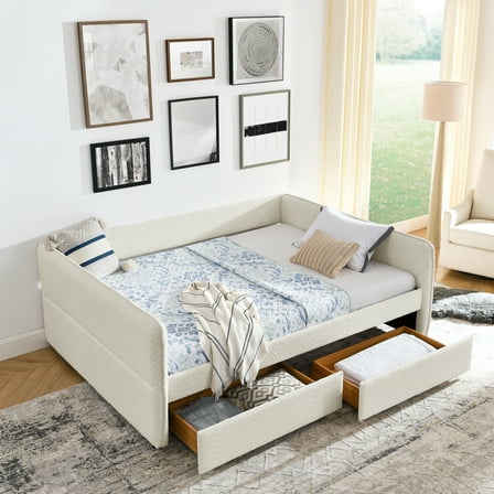 Newest Daybed with Trundle Upholstered Tufted Sofa Bed, with Two Drawers, Queen Size, Boucle Fabric, Beige