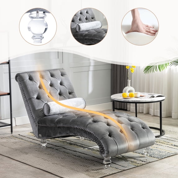 Newest Elegant Chaise Lounge, Button-Tufted Velvet with S-Shaped Back and Clear Acrylic Legs,Silver