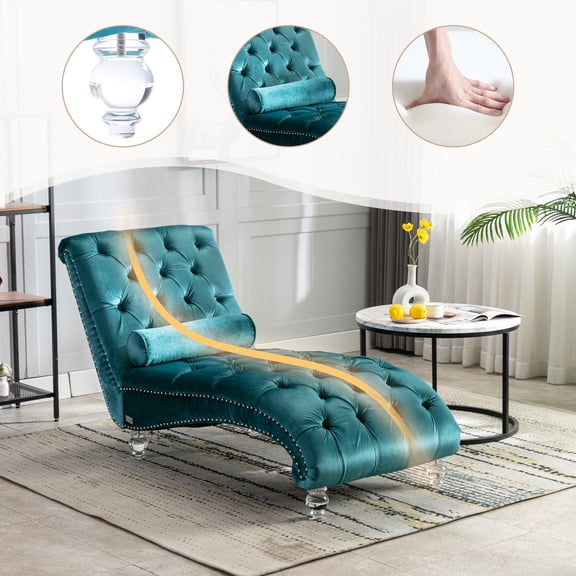 Newest Elegant Chaise Lounge, Button-Tufted Velvet with S-Shaped Back and Clear Acrylic Legs, Teal