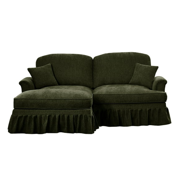 Newest Elegant Large Two Seater Modular L Shaped Sofa Couch,Flared Arms,Removable Ruffles Pleats Skirts,Spindle Legs, Comfy Chenille Loveseat Sofa,Movable Ottoman,Green