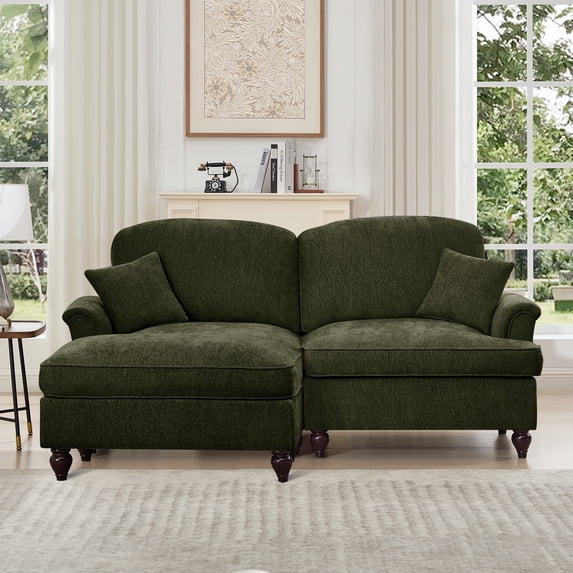 Newest Elegant Large Two Seater Modular L Shaped Sofa Couch,Flared Arms,Removable Ruffles Pleats Skirts,Spindle Legs, Comfy Chenille Loveseat Sofa,Movable Ottoman,Green
