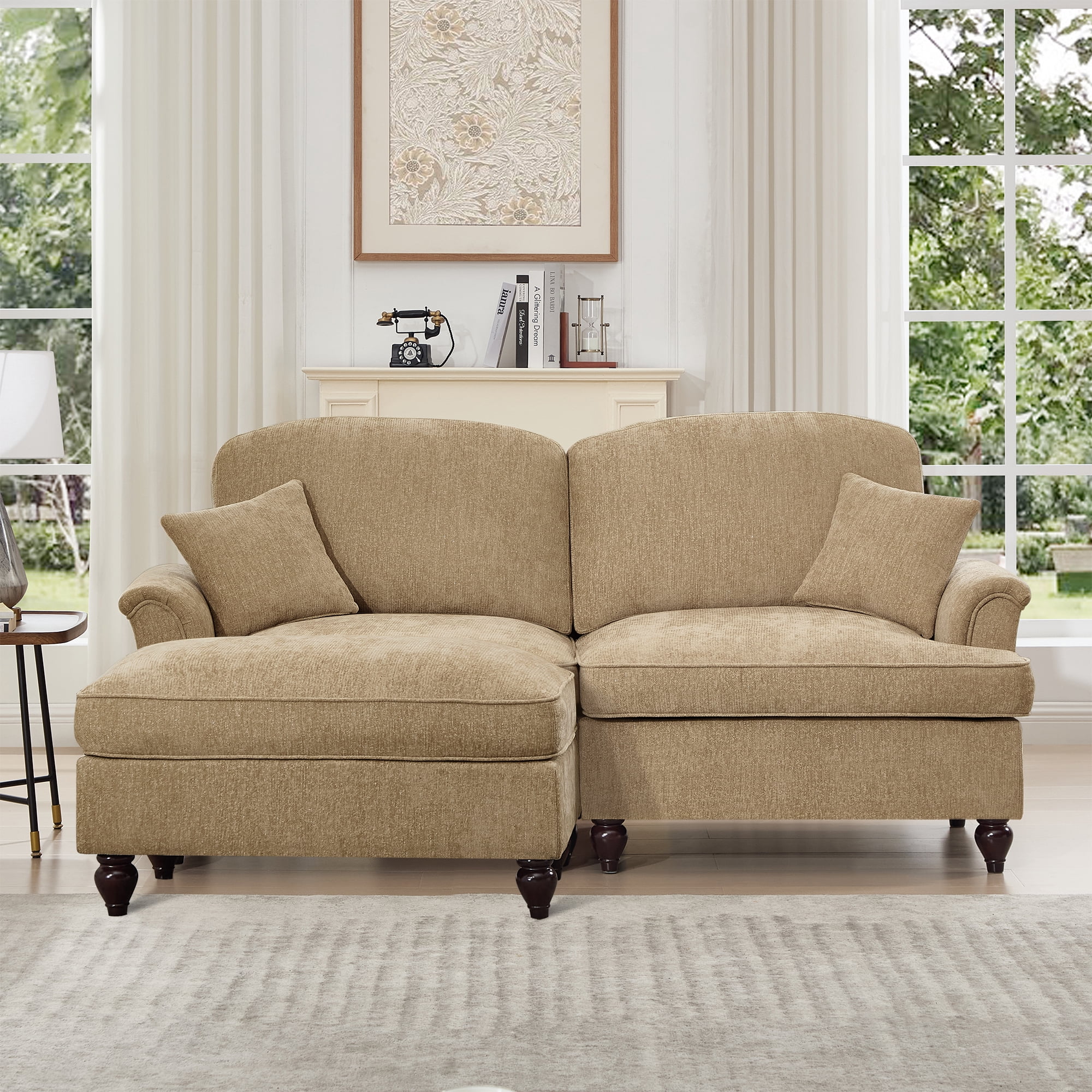 Newest Elegant Large Two Seater Modular L Shaped Sofa Couch, Flared Arms, Removable Ruffles Pleats Skirts, Spindle Legs,Comfy Chenille Loveseat Sofa, Movable Ottoman,Light Coffee