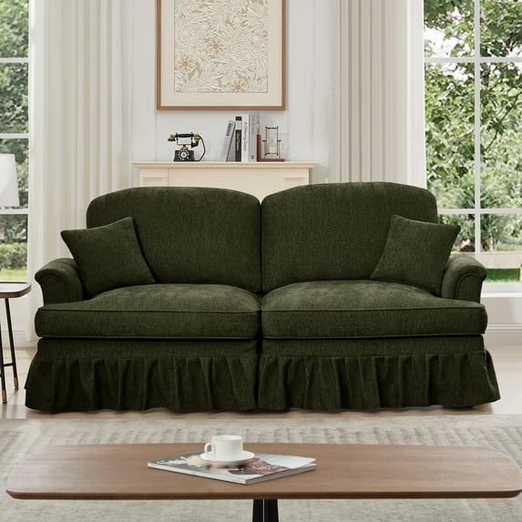 Newest Elegant Oversized Large Two Seater Sofa Couch,Flared Arms,Removable Ruffles Pleats Skirts,Spindle Legs, Comfy Chenille Two-Seat Love Seat Sofa for Living Room,Green