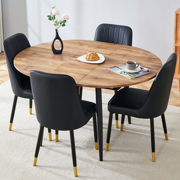 Newest Extendable Round Dining Table Set 4-Piece, Wood Grain MDF Table & 4 Black PU Chairs with Gold Accent Legs