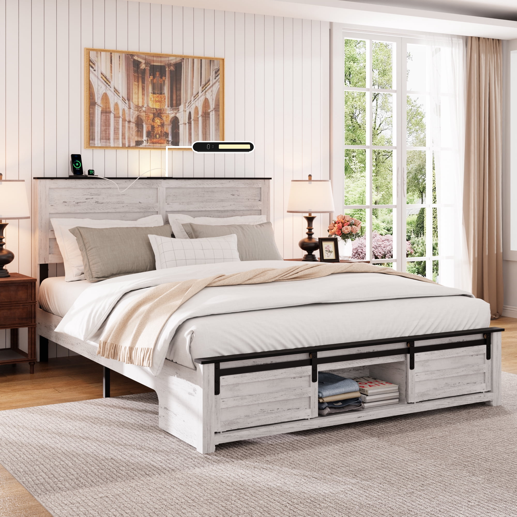 Image showcasing Newest Full Bed Frame with Upholstered Headboard , Wood Platform ...