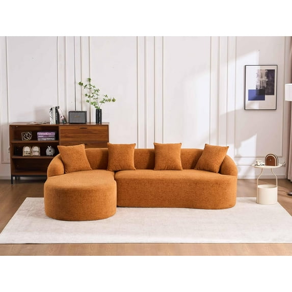 Newest Full Compression Sponge L-Shape Sectional Sofa with Curved Chaise, Amber Orange Modular Chenille Couch, 30D High-Density for Apartment Living Room.900 lbs.
