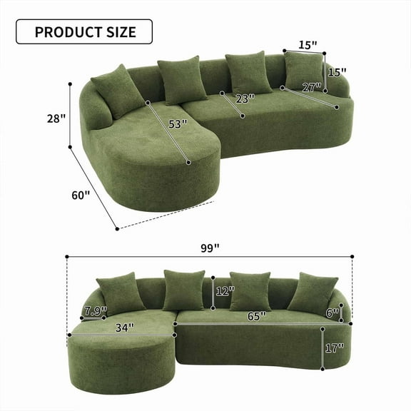 Newest Full Compression Sponge L-Shape Sectional Sofa With Curved Chaise, Green Modular Chenille Couch, 30d High-Density For Apartment Living Room,900 Lbs.