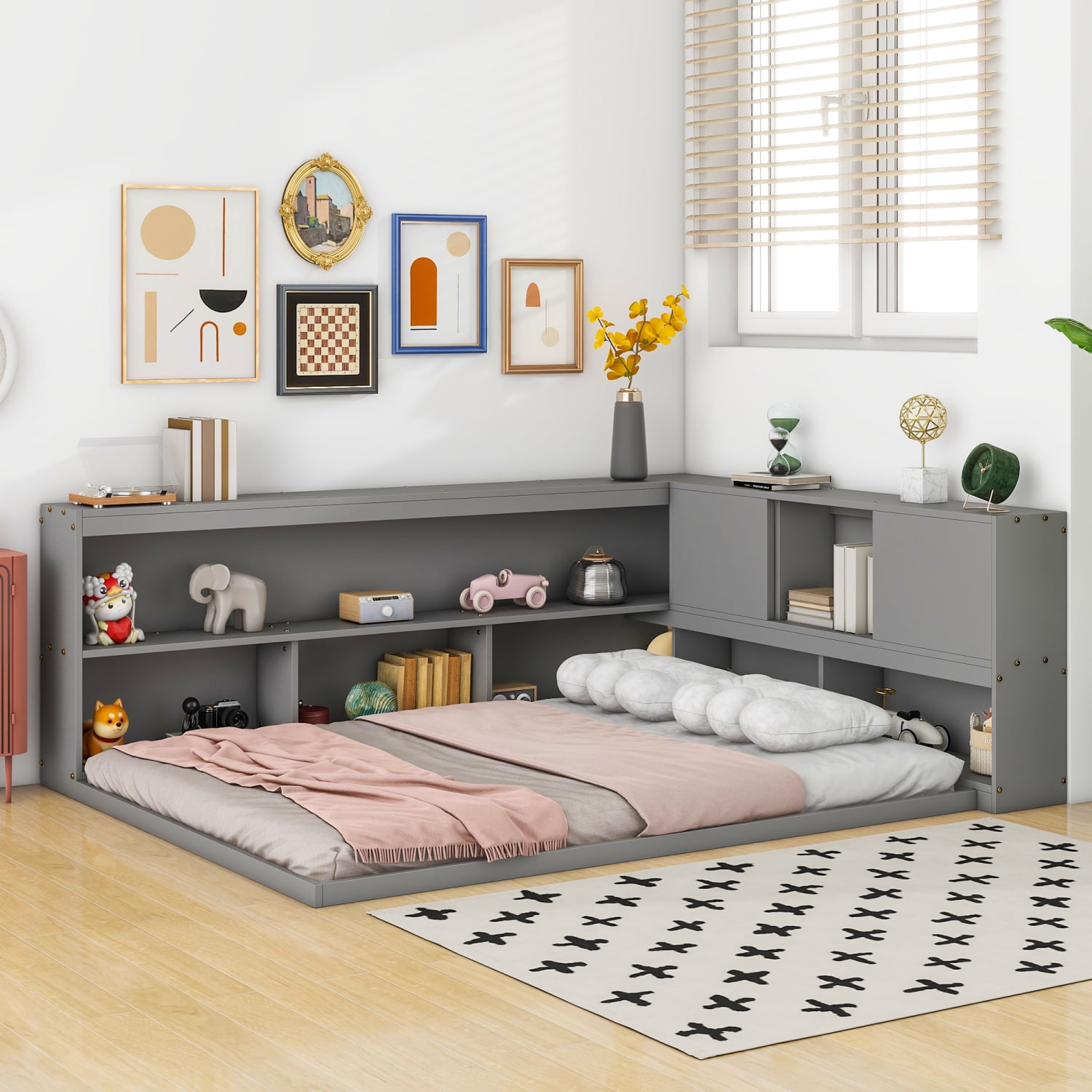 Newest Full Floor Bed with L-shaped Bookcases, sliding doors,without ...