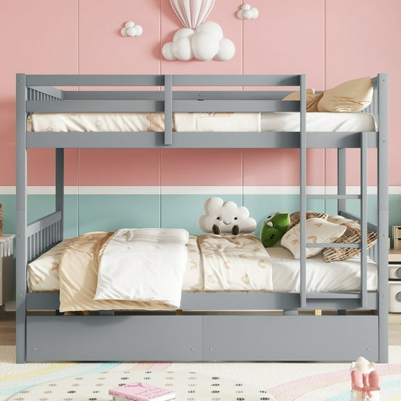 Newest Full Over Full Bunk Bed with 2 Drawers, Converts to 2 Full Beds, Rubber Wood with Ladder & Guardrails, Grey - for Shared Rooms & Large Families