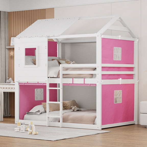 Newest Full House Bed with Tent, Treehouse Style Solid Wood Frame with Guardrails, Pink