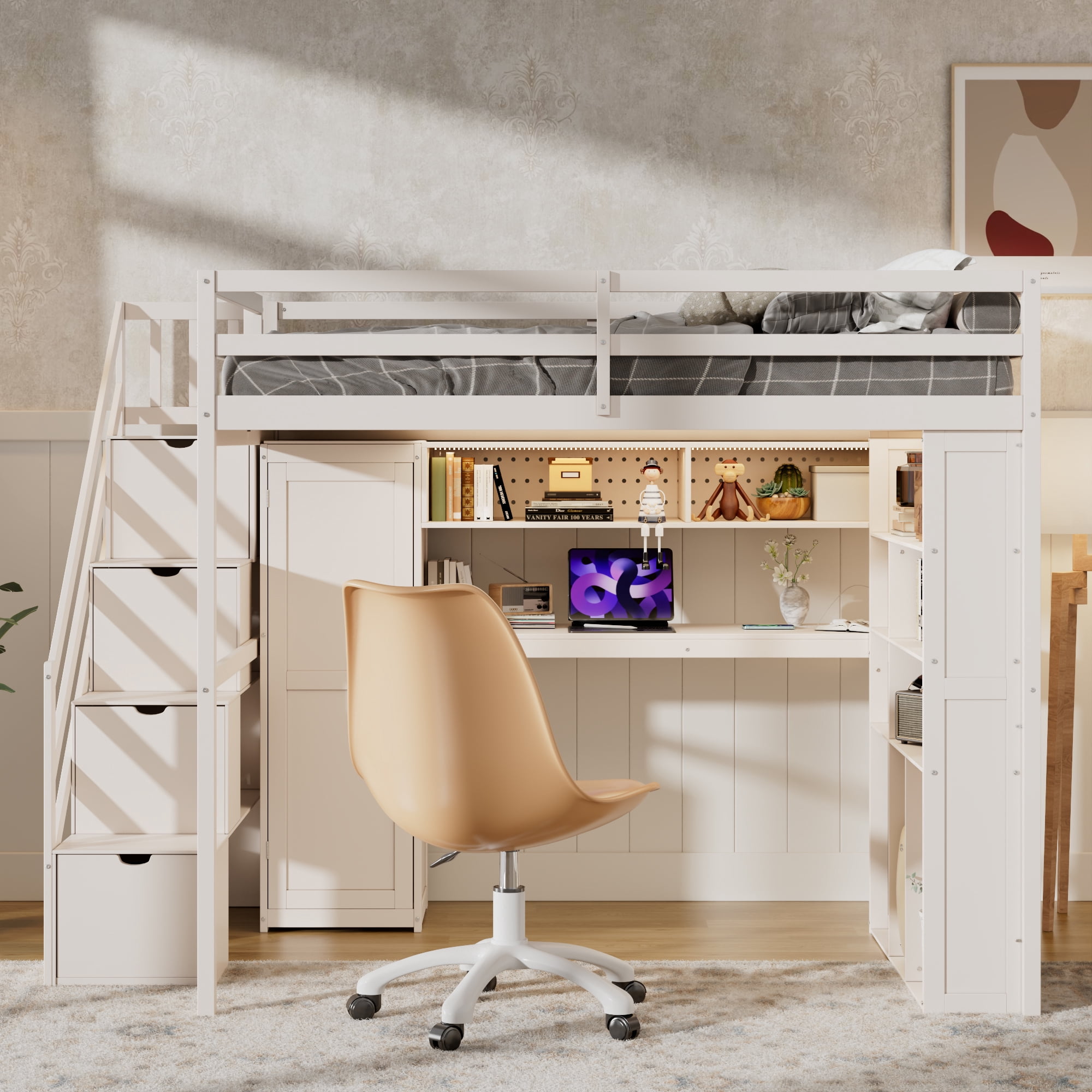 Newest Full Loft Bed with Built-in Wardrobe and Desk, Wood Frame with ...