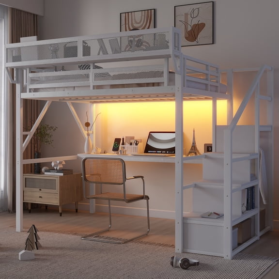 Newest Full Loft Bed with Desk , Charging Station, Full Size Metal Loft Bed with Stairs , Light for Teens,White