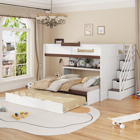 Newest Full Over Full Bunk Bed Solid Wood & MDF for Bedroom with Staircase, Shelves and LED Lights, White