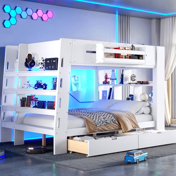 Newest Full Over Full Wood Bunk Bed with LED Lights, Bookcase Headboard ...