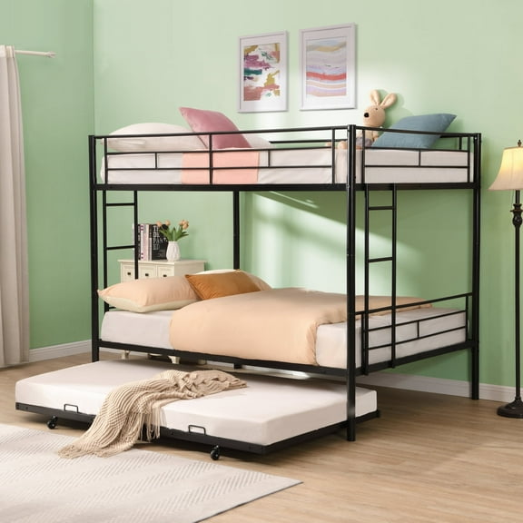 Newest Full Over Full with trundle Metal Bunk Bed , No Box Spring Needed, Easy Assemble