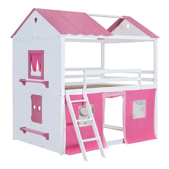 Newest Full Size Bunk Wood House Bed with Elegant Windows, Sills and Tent, Pink+White