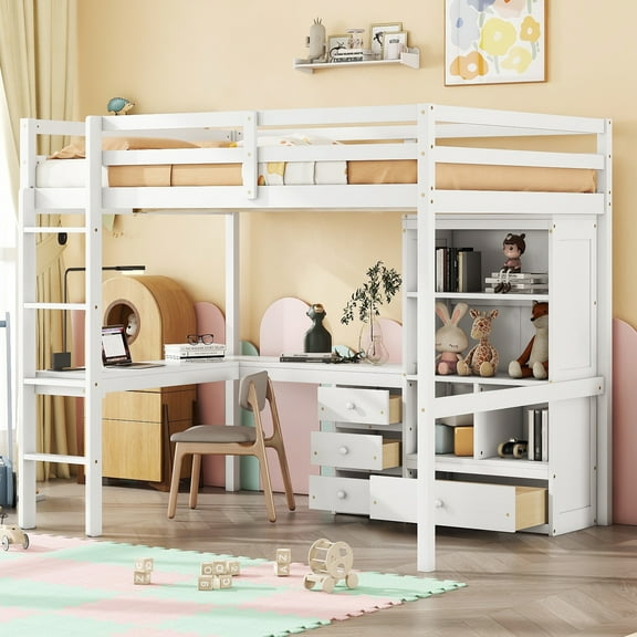 Newest Full Size Loft Bed with L-Shaped Desk, Storage Shelves & Drawers, Solid Pine Wood High Loft Bed with Guardrails & Ladder,White - for Dorm & Small Spaces