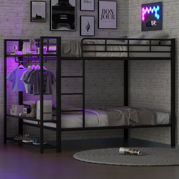 Newest Full Size Metal Bunk Bed with Storage Mesh Shelves , Clothes Hooks,LED Light,Black