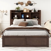 Newest Full Size Storage Platform Bed with Pull Out Shelves, Twin Size Trundle and 2 Drawers, Espresso
