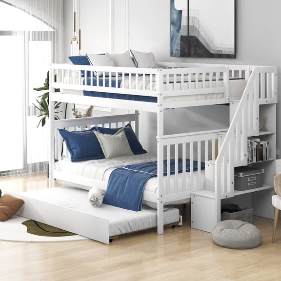 Newest Full Size Triple Bunk Bed with Trundle, White Bunk Bed with Staircase , Storage, Converts to 3 Individual Beds, Ideal for Shared Rooms