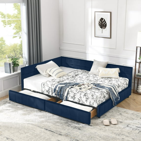 Newest Full Size Upholstered Daybed with Tufted Backrest & Storage Drawers, Velvet Sofa Bed Frame for Bedroom & Living Room, Dark Blue