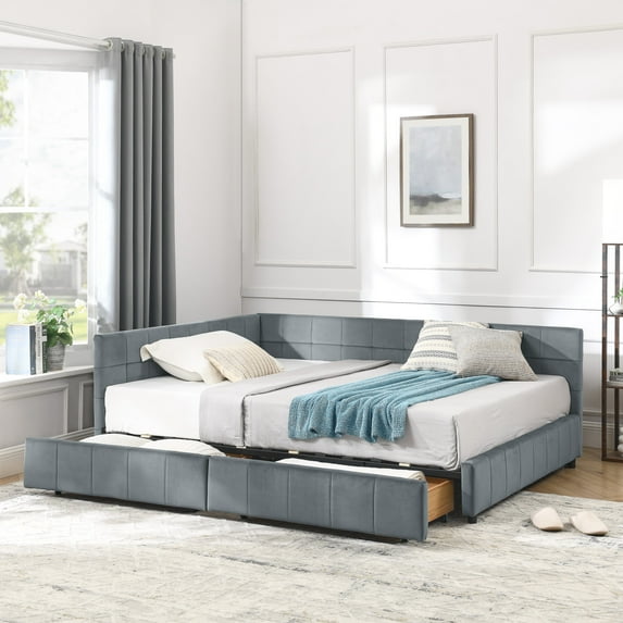 Newest Full Size Upholstered Daybed with Tufted Backrest & Storage Drawers, Velvet Sofa Bed Frame for Bedroom & Living Room,Grey