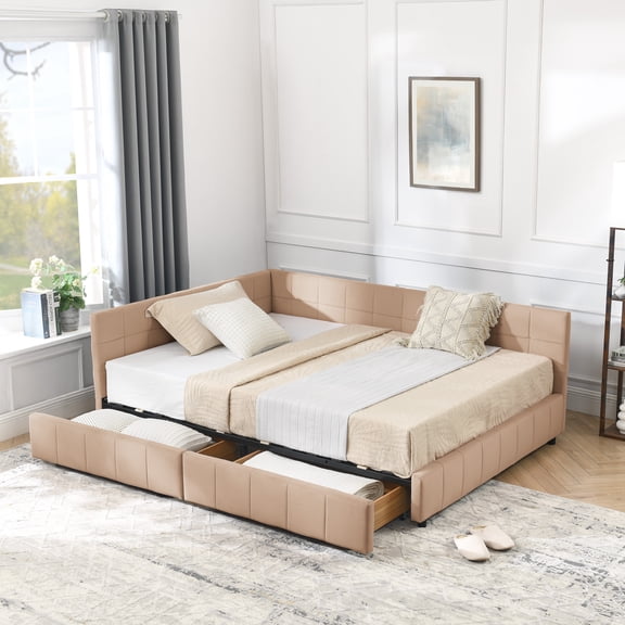 Newest Full Size Upholstered Daybed with Tufted Backrest & Storage Drawers, Velvet Sofa Bed Frame for Bedroom & Living Room,Light Brown
