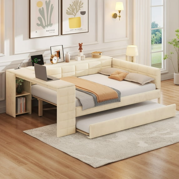 Newest Full Size Upholstered Platform Bed with Storage Shelves, Desk, Charging Station , Trundle, Beige